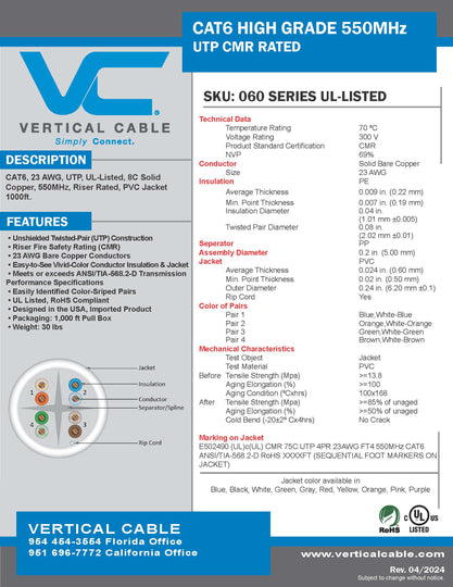 Vertical Cable 1000ft Solid Cat6 Cable - 23AWG 550MHz CMR, spec sheet page 1