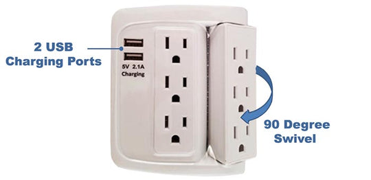 6 Outlet Swivel Wall Tap Adapter w/ 500J Surge Protector and 2 USB Charging Ports (2.1)