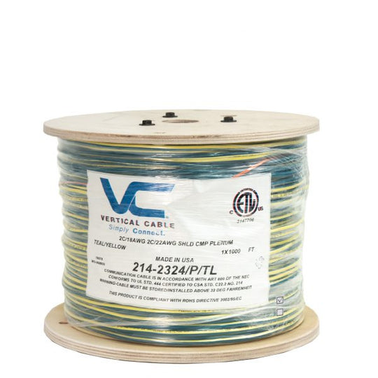 Vertical Cable CONTROL CABLE Plenum: 22/2(Shielded) Data + 18/2 Power, Stranded, Teal with Yellow Stripe, 1000ft Spool