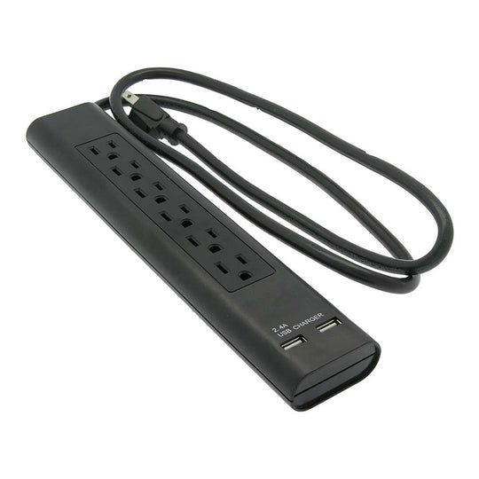4Ft 6-Outlet Surge Protector 14/3 AWG 300J w/ 2 USB Charging Ports Black