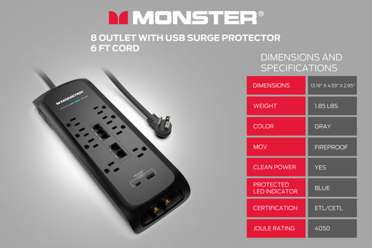 Monster Power Strip Surge Protector, 8 AC, 1 USB-C, 1 USB-A, 6 ft