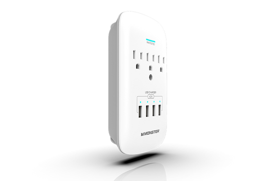 Monster Power Wall Tap Surge Protector, 3 AC, 4 USB (4.2amp), 980J, Fireproof MOV