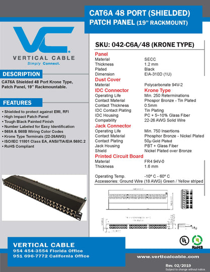 Vertical Cable 042-C6A/48 CAT6A Shielded Patch Panel - 48 Port