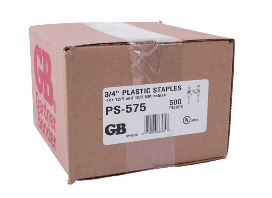 Gardner Bender 3/4" Plastic Staple, 3 Cond #14 and #12 AWG NM, BX, MC, AC and UF White; 500/Box, PS-575