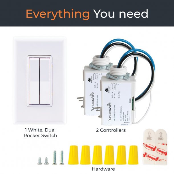 RunLessWire Wireless Fan And Light Switch Kit With 2 Controllers And 1