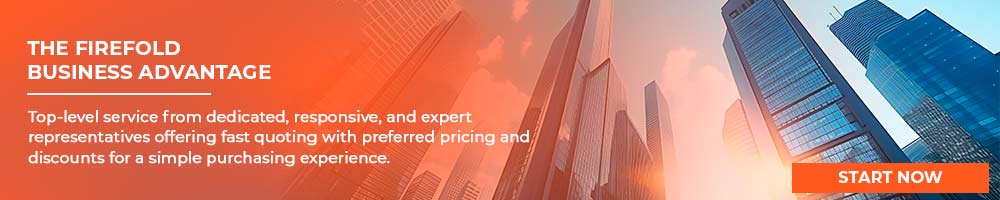 Promotional banner with the text 'THE FIREFOLD BUSINESS ADVANTAGE' on the left, a modern city skyline in orange and blue tones on the right, and a bright orange 'START NOW' button at the bottom right.