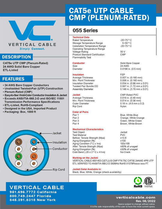 Vertical Cable 1000ft Solid Plenum Cat5E Cable - 24AWG 350MHz CMP