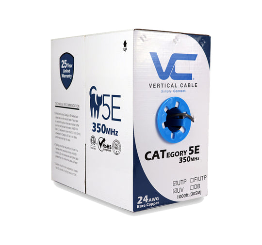 Vertical Cable 1000ft Solid Outdoor Cat5E Cable - 24AWG 350MHz UV-Rated