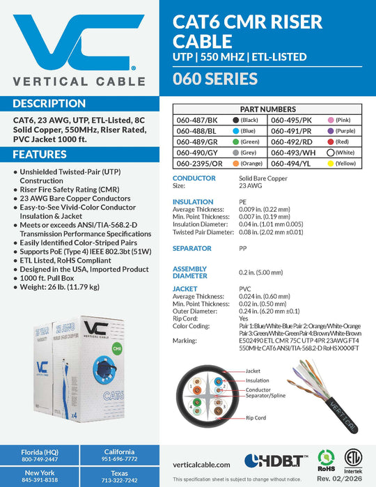 Vertical Cable 1000ft Solid Cat6 Cable - 23AWG 550MHz CMR
