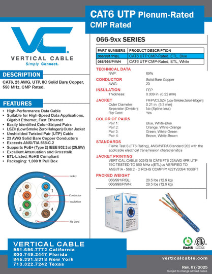 Vertical Cable Solid Plenum Cat6 Cable, 23AWG, 550MHz, CMP, ETL - 1000ft Box
