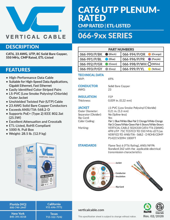 Vertical Cable Solid Plenum Cat6 Cable, 23AWG, 550MHz, CMP, ETL - 1000ft Box