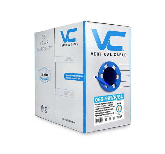 Vertical Cable Solid Plenum Cat6 Cable, 23AWG, 550MHz, CMP, ETL - 1000ft Box