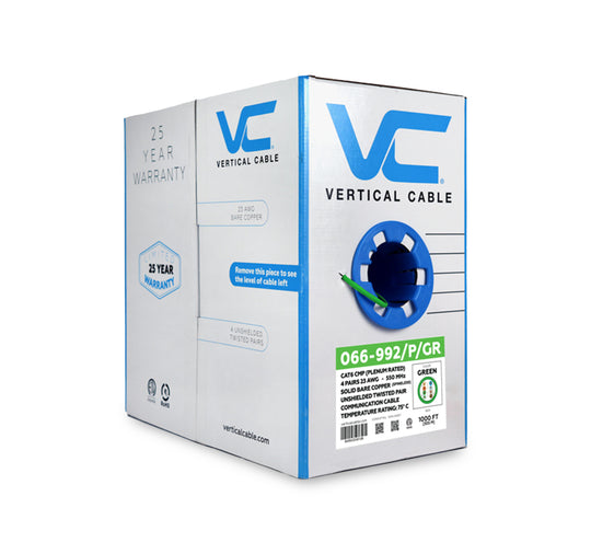 Vertical Cable Solid Plenum Cat6 Cable, 23AWG, 550MHz, CMP, ETL - 1000ft Box