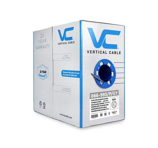 Vertical Cable Solid Plenum Cat6 Cable, 23AWG, 550MHz, CMP, ETL - 1000ft Box