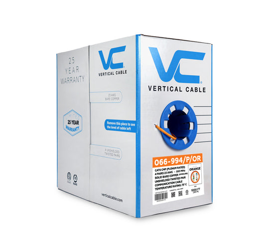Vertical Cable Solid Plenum Cat6 Cable, 23AWG, 550MHz, CMP, ETL - 1000ft Box