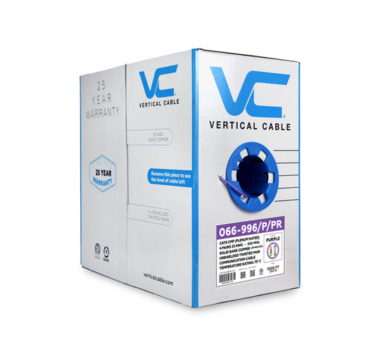 Vertical Cable Solid Plenum Cat6 Cable, 23AWG, 550MHz, CMP, ETL - 1000ft Box