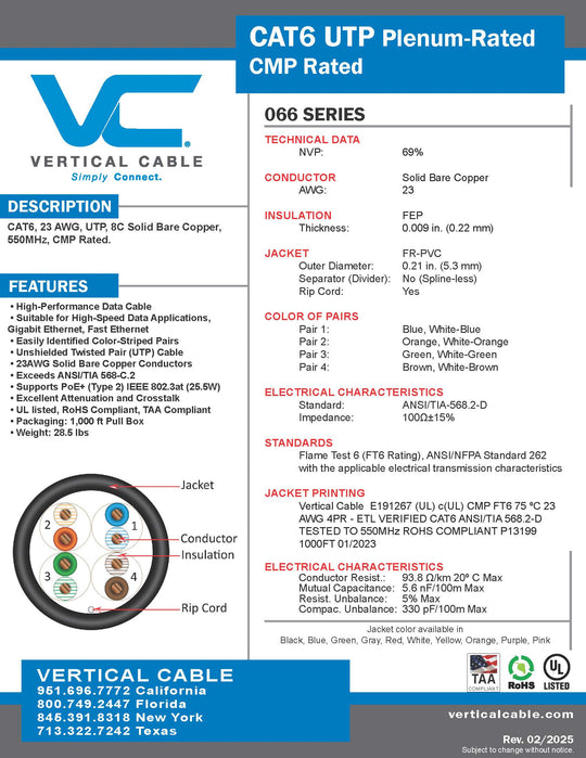 Vertical Cable 1000ft Solid Plenum Cat6 Cable - 23AWG 550MHz CMP