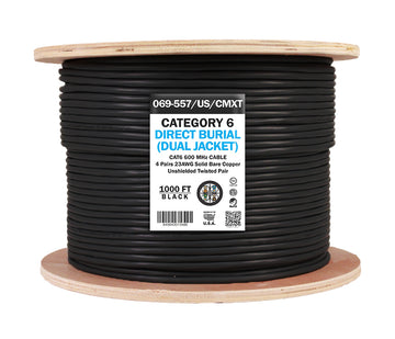 Vertical Cable Cat6 CMXT UTP Outdoor Waterproof (Dual Jacket), Direct Burial (UV), 23AWG, 1000 FT Wooden Spool
