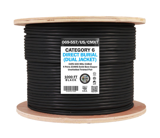 Vertical Cable Cat6 CMXT UTP Outdoor Waterproof (Dual Jacket), Direct Burial (UV), 23AWG, 1000 FT Wooden Spool