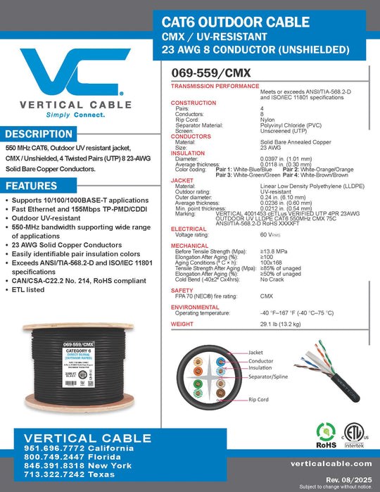 Vertical Cable 1000ft Solid Outdoor Cat6 Cable - 23AWG UTP UV Rated