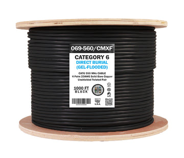 Vertical Cable 1000ft Solid Outdoor Cat6 Cable - 23AWG UTP Direct Burial Flooded Core, ETL