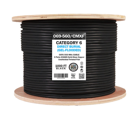 Vertical Cable 1000ft Solid Outdoor Cat6 Cable - 23AWG UTP Direct Burial Flooded Core, ETL
