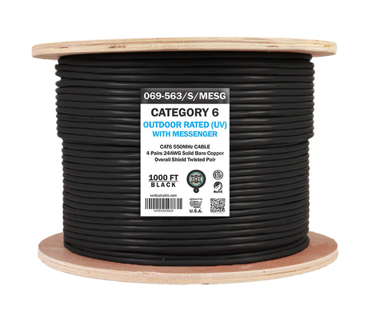Vertical Cable CAT6 Outdoor Cable w/ Messenger, LLDPE Jacket, F/UTP (Overall Shielded), 23AWG Solid - 1000ft Spool