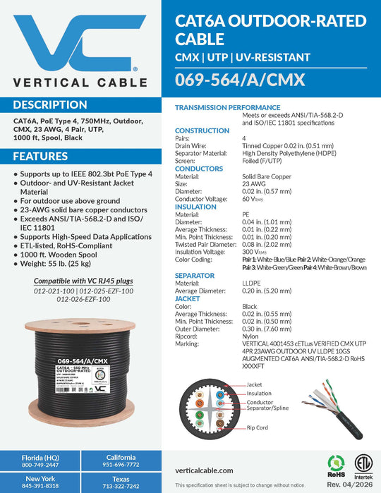 Vertical Cable 069-564/A/CMX 1000ft Cat6A Outdoor Solid Network Cable