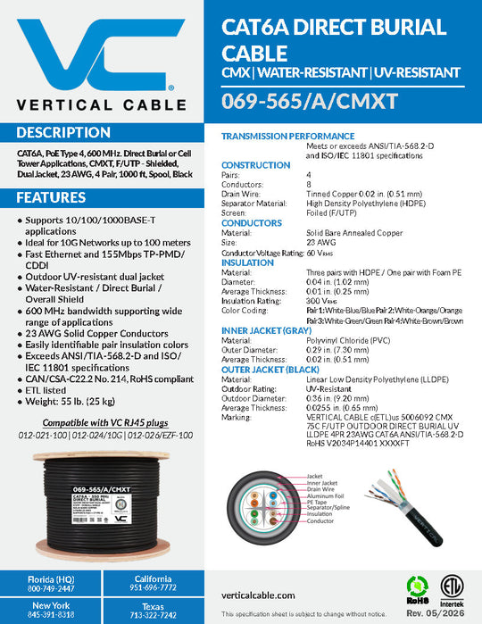 Vertical Cable Cat6A Direct Burial, 23AWG, Shielded, Dual Jacket - 1000ft spool