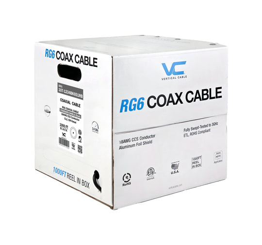 Vertical Cable RG6 Standard Shield Coaxial Cable - 1000ft Reel-in-Box