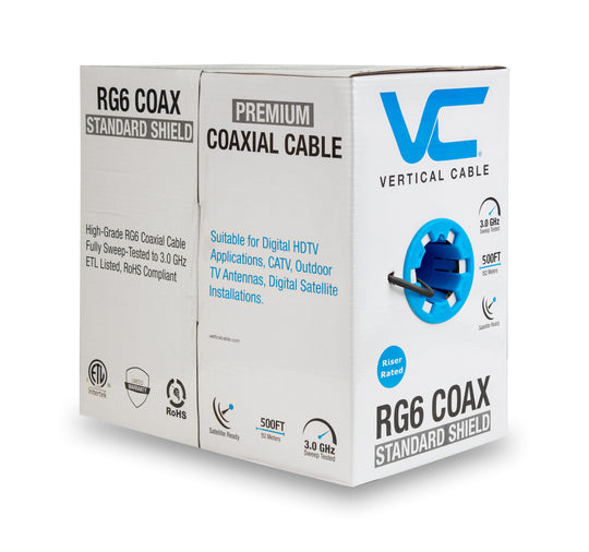 Vertical Cable 500ft RG6 Standard Shield Coaxial Cable - Black