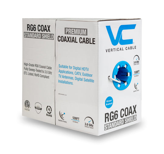 Vertical Cable 500ft RG6 Standard Shield Coaxial Cable - White