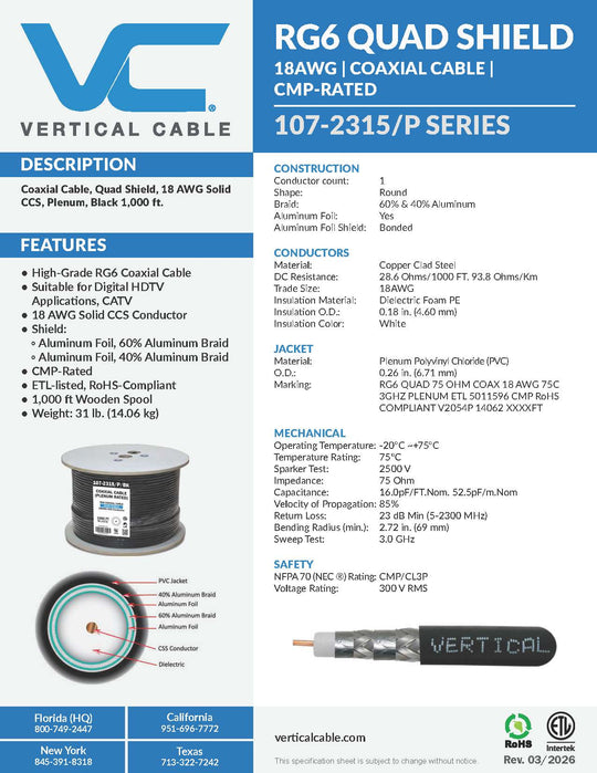 Vertical Cable Bulk RG-6 Coax Cable - 18AWG Quad Shield CMP 1000ft