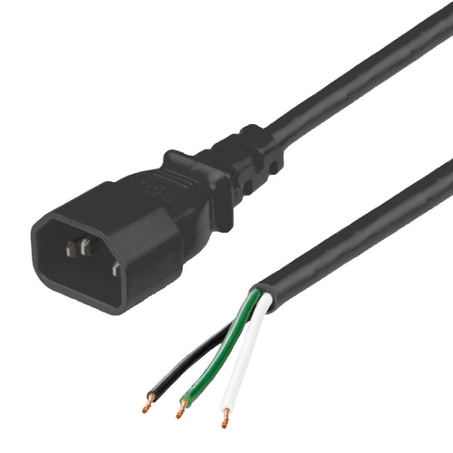World Cord C14 to OPEN 2in ROJ + 0.25in Strip 15A 250V 14/3 SJT Power Cord - Black