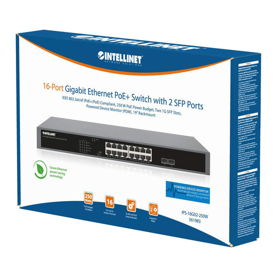 Intellinet 16-Port Gigabit Ethernet PoE+ Switch with 2 SFP Ports, 561983