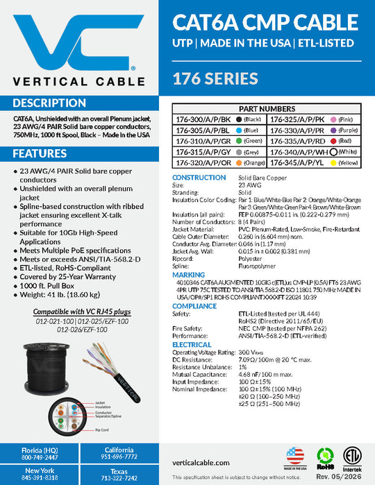 Vertical Cable CAT6A UTP, CMP, 23AWG, Solid, 550MHz, Made in USA - 1000ft Spool