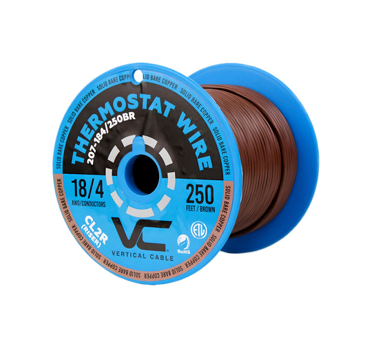 Vertical Cable Thermostat Wire, Solid Bare Copper, 18/4, CL2R, ETL, PVC Jacket, 250ft Spool
