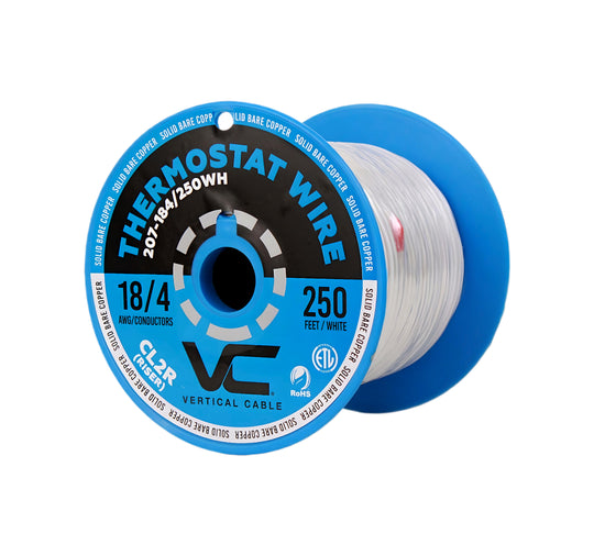 Vertical Cable Thermostat Wire, Solid Bare Copper, 18/4, CL2R, ETL, PVC Jacket, 250ft Spool