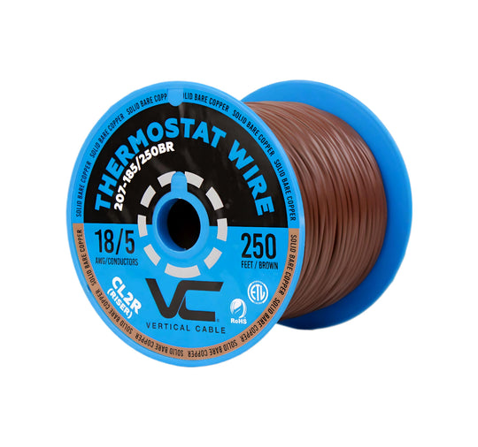 Vertical Cable Thermostat Wire, Solid Bare Copper, 18/5, CL2R, ETL, PVC Jacket, 250ft Spool