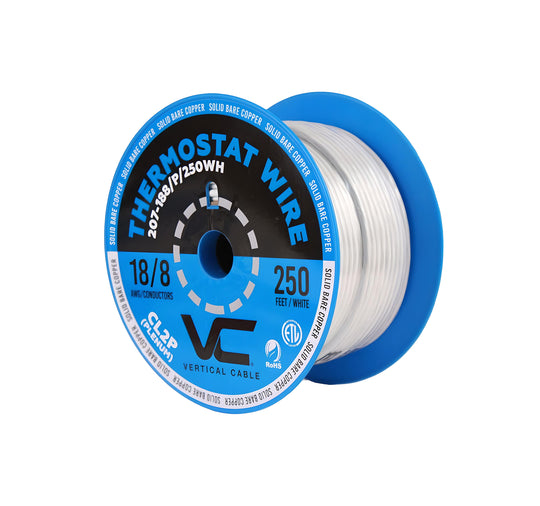 Vertical Cable Thermostat Wire, Solid Bare Copper, 18/8, CL2P, ETL, PVC Jacket, White, 250ft Spool