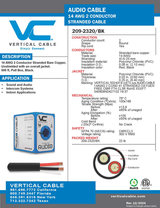 Vertical Cable 500ft 14 Gauge In-Wall Speaker Wire - CL3 14/2