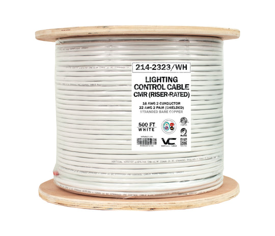 Vertical Cable LIGHTING CONTROL CABLE Riser: 22/2(Shielded) Data + 16/2 Power, Stranded, White, 1000ft Spool
