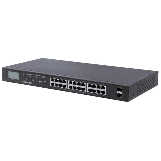 Intellinet 24-Port Gigabit Ethernet PoE+ Switch with 2 SFP Ports and LCD Screen, 561242