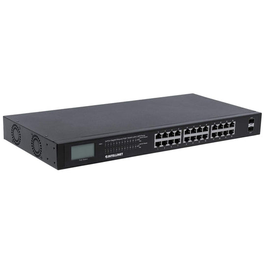 Intellinet 24-Port Gigabit Ethernet PoE+ Switch with 2 SFP Ports and LCD Screen, 561242