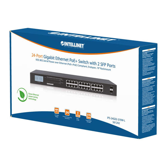 Intellinet 24-Port Gigabit Ethernet PoE+ Switch with 2 SFP Ports and LCD Screen, 561242