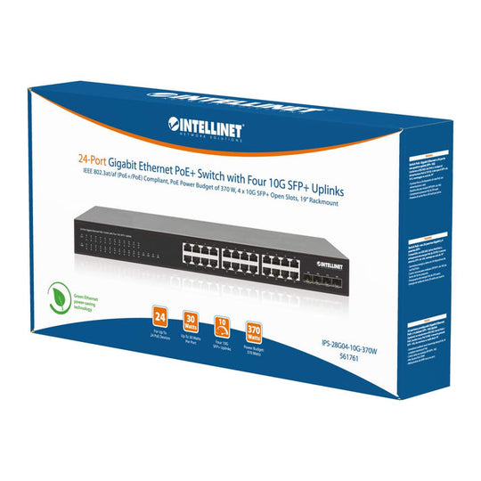 Intellinet 24-Port Gigabit Ethernet PoE+ Switch with Four 10G SFP+ Uplinks, 561761