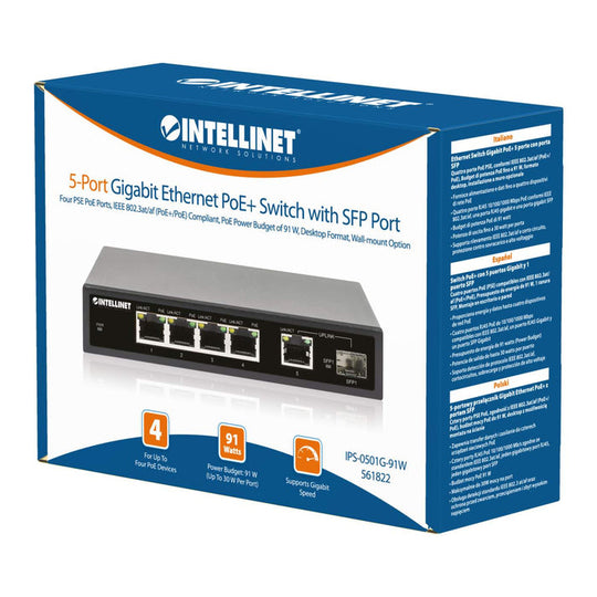 Intellinet 5-Port Gigabit Ethernet PoE+ Switch with SFP Port, 561822