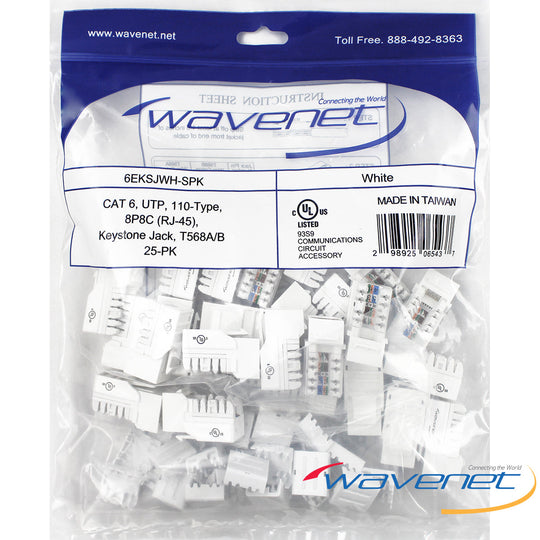 Wavenet Cat6, SDJ-Series, UTP, 110-Type, 8P8C, RJ-45, Keystone Jack,T568A/B, 25-Pack