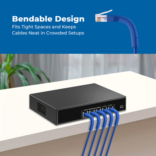 Cat6A UTP Bendable Slim Ethernet Network Cable, 28AWG - Blue