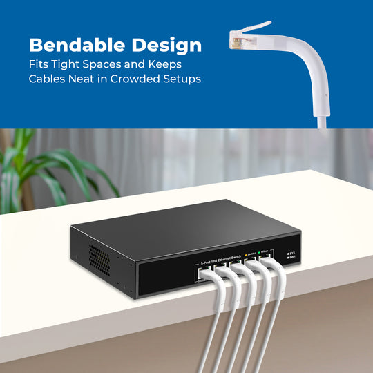 Cat6A UTP Bendable Slim Ethernet Network Cable, 28AWG - White